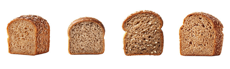 Four slices of multigrain bread are lined up. Healthy food, baked goods, nutritious, breakfast, seed bread, whole wheat, grains, freshness, eating