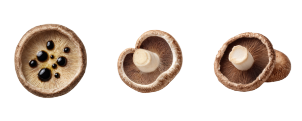 Mushrooms arranged on white background. Close-up of gourmet food with soy sauce. Culinary, vegetarian, ingredient, raw, fungi, vegan, cooking, freshness, nutrition.