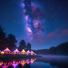 Dreamy campsite beside glowing water and trees