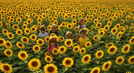 Children playing in a sunflower field