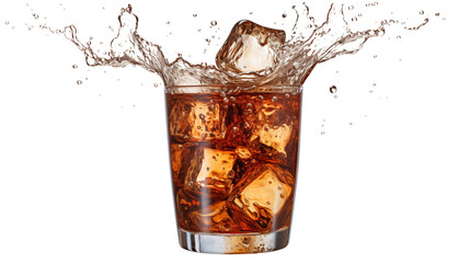 Dynamic cola splash with ice cubes in glass captures refreshing refreshment and vibrant energy for advertising isolated on white or transparent png.