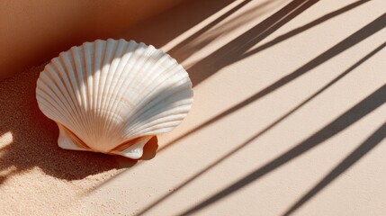 A scallop shell rests on beige sand, dappled with shadows.