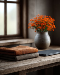 Cozy scene with folded towels, notebook, and vase of orange flowers on rustic wooden table by window