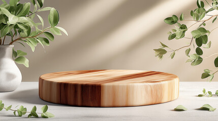 Elegant wooden podium with natural greenery for product display and presentation