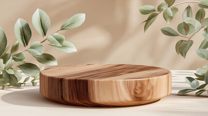 Wooden podium with eucalyptus leaves background for cosmetic product display showcase and