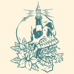 Lighthouse in a skull illustration