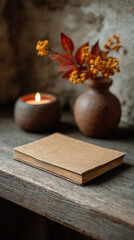 Rustic scene with closed book on wooden table, accompanied by lit candle and vase with autumn leaves and berries