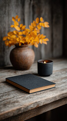 Cozy scene with black notebook, lit candle, and vase of yellow leaves on rustic wooden table