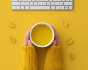 Person holding cup of yellow tea on yellow background with keyboard and scattered leaves