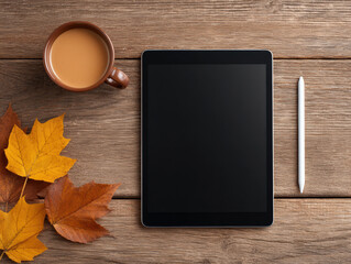 Tablet with stylus and pumpkin spice coffee on wooden table with autumn leaves