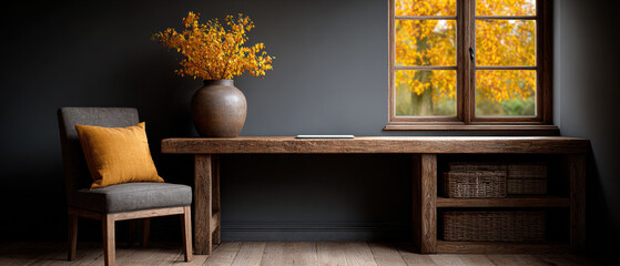 Cozy interior with wooden desk and chair, featuring vase of autumn flowers by window with view of fall foliage