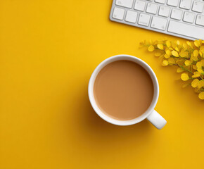 Cup of coffee sits on vibrant yellow background next to keyboard and yellow flowers
