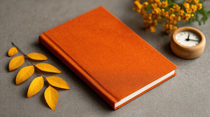 Orange notebook on gray surface with yellow leaves, small clock, and flowers, creating warm and cozy atmosphere