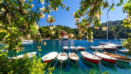 Sunny harbor with boats and flowers