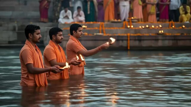 Three Men Performing Ritual Ceremony Holding Flames on Water Surface with Reflections in the Evening