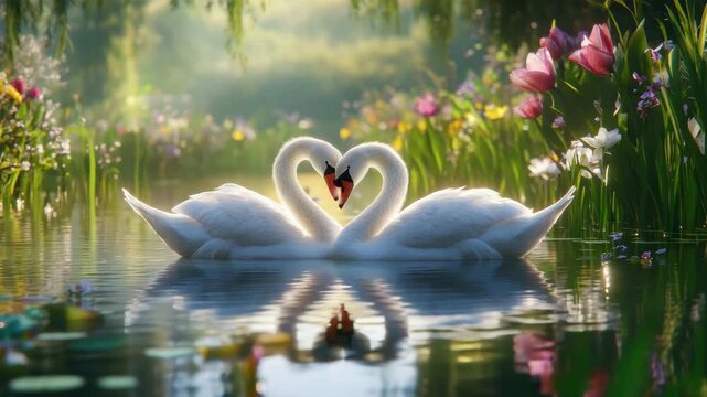 Two white swan birds forming heart shape with their necks calm water surface surrounded by colorful flowers and green plants peaceful natural setting with romantic reflection lake nature scene