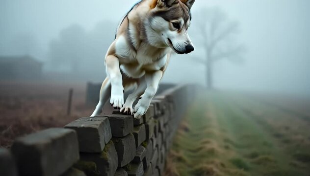 Korean Jindo dog jumping over a short wall