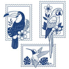Toucan parrot and hummingbird in postage stamp frames with tropical leaves and flowers macaw