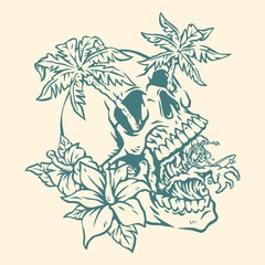 Skull with palms and tropical flowers in a design