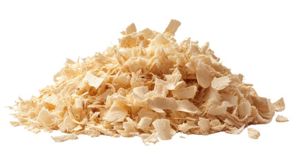 Natural Wood Shavings Pile with Curled Thin Strips and Textured Surface Isolated on White Background