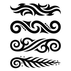 Fototapeta premium Collection of four decorative ornamental swirls borders, flourishes and dividers ornate tribal elements in black on white background