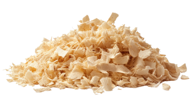 Natural Wood Shavings Pile with Curled Thin Strips and Textured Surface Isolated on White Background