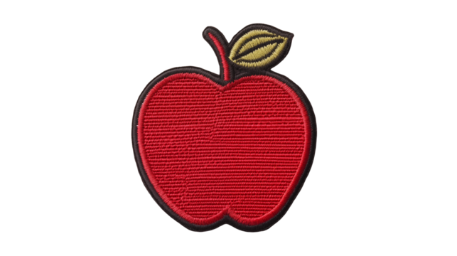 Vibrant red apple patch with green leaf adds a pop of color and charm to any fabric project isolated on white or transparent png.