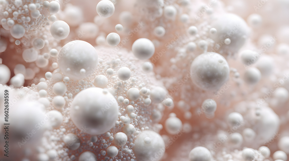 Fototapete close-up view of an organic structure composed of many tiny white spheres, some floating above the t