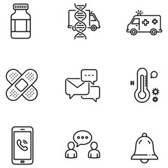 Fototapeta premium Healthcare and medical themed set of line icons including ambulance bandage pills thermometer and others