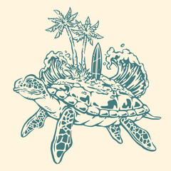 Cartoon turtle with island scenery on its back
