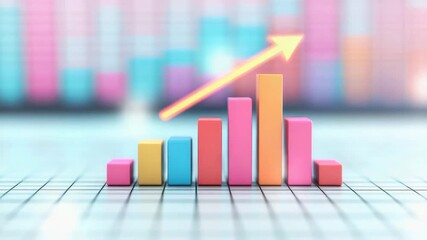 Colorful bar chart with upward arrow showing growth and success business finance data analysis vibrant design glowing arrow grid paper bright pastel colors blurred background positive financial - Powered by Adobe