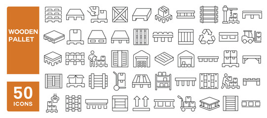 Set of 50 line icons related to wooden pallet, storage pallets, store, rack, plank, crate, Editable stroke. Vector illustration