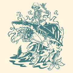 Skeleton surfer rides shark in tropical waves