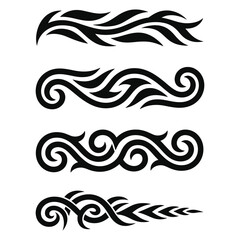 
Collection of four decorative ornamental swirls borders, flourishes and dividers ornate tribal elements in black on white background