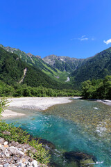 夏の上高地、梓川と北アルプスを望む清流の絶景風景

