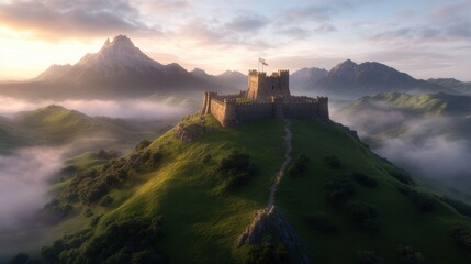 Majestic castle on misty hill with mountain views at sunrise