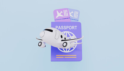 Passport with boarding pass inside and airplane flying, traveling, holidays, transportation, flight