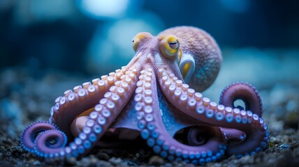 Fototapeta premium Close up of a pink octopus with blue suckers on the seabed marine life underwater