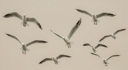 Fototapeta premium A graceful flock of seagulls soars across a serene sky, showcasing their freedom