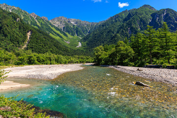 夏の上高地と穂高連峰の絶景を望む清流と緑の風景

