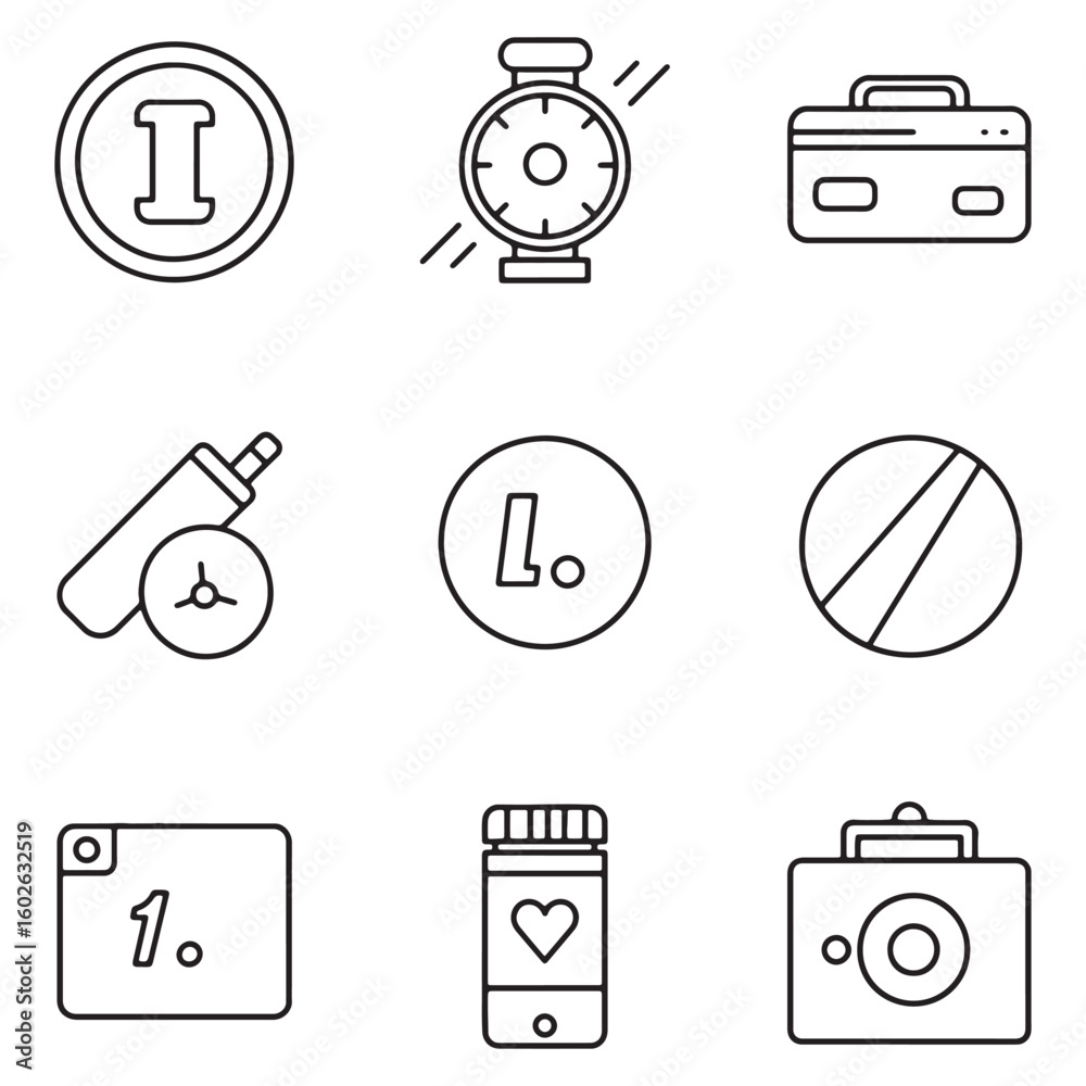 Poster minimalist icon set featuring various objects and symbols in a simple outline style
