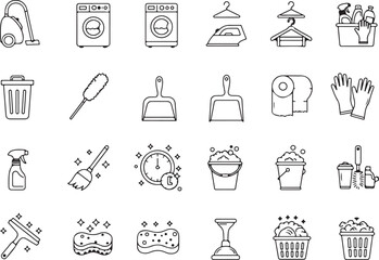 Household cleaning icon set, hygiene tools vector pack, chore and sanitation graphics, domestic care illustrations for web, apps, packaging, branding, and tutorials