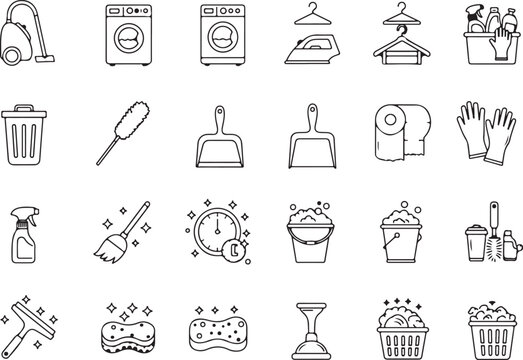 Household cleaning icon set, hygiene tools vector pack, chore and sanitation graphics, domestic care illustrations for web, apps, packaging, branding, and tutorials