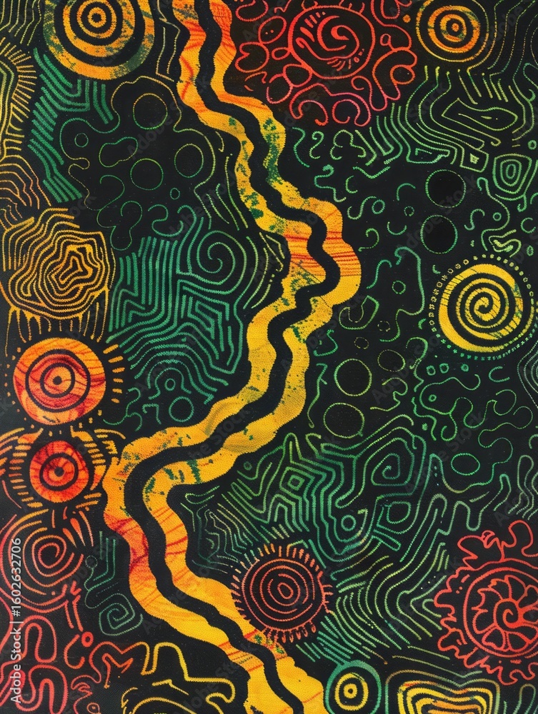 Poster the image showcases an abstract, psychedelic design with intricate patterns and bold shapes