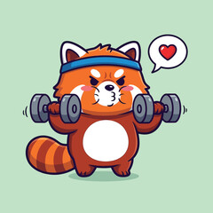 Cartoon red panda wearing a headband lifts dumbbells with a determined expression and a heart in a thought bubble.