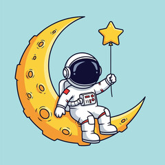An astronaut in a spacesuit sits on a crescent moon, holding a star balloon.