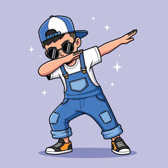 Cool cartoon boy in overalls and cap performing the dab dance.