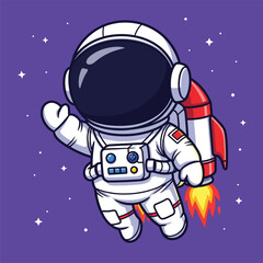 A cute cartoon astronaut with a rocket jetpack flying and waving in outer space.