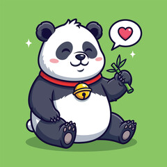 A cute cartoon panda with a red collar sits happily while holding a bamboo stalk, expressing love with a heart bubble.