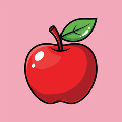 A vibrant cartoon illustration of a bright red apple with a green leaf, set against a light pink background.